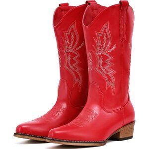 Women's Red Western Boots Cowgirl Boots Pull On Pointy Toe Mid Calf Boots
